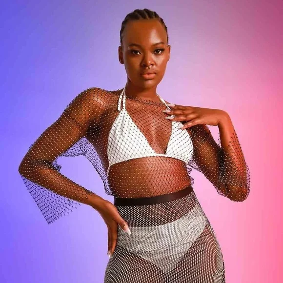 Mesh Crystal Long Sleeve See Through Top - Picture 4 of 7